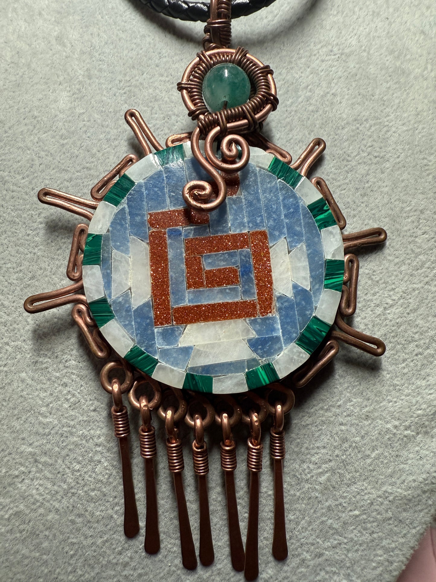 Aztec Stone Tiles on Big Obsidian Chimalli Pendant 5", Adorned with Copper Fletching with Leather braided 30" Necklace (#16)