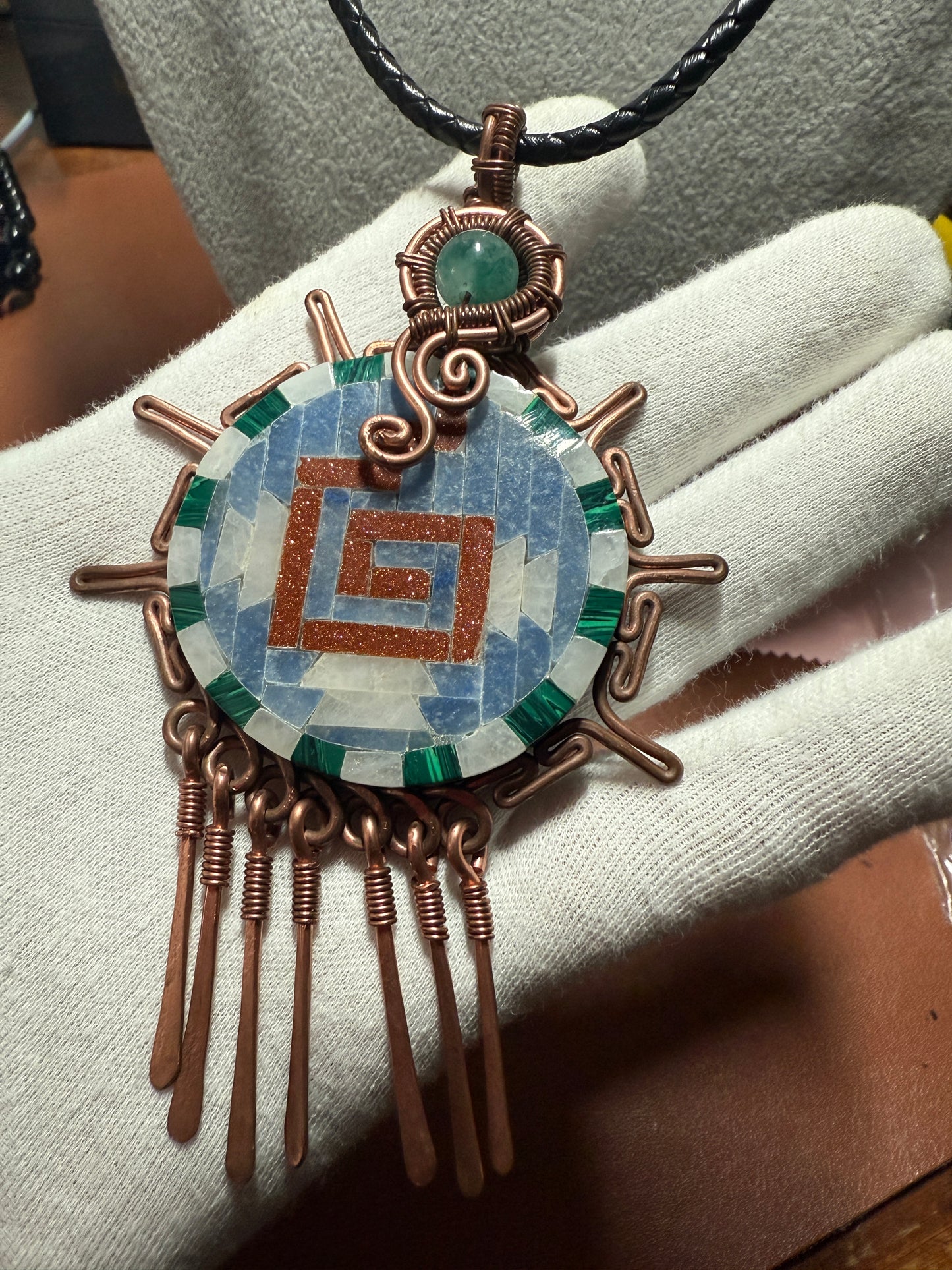 Aztec Stone Tiles on Big Obsidian Chimalli Pendant 5", Adorned with Copper Fletching with Leather braided 30" Necklace (#16)
