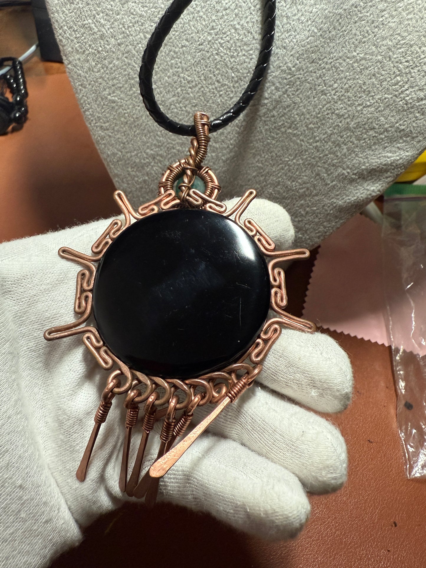 Aztec Stone Tiles on Big Obsidian Chimalli Pendant 5", Adorned with Copper Fletching with Leather braided 30" Necklace (#16)