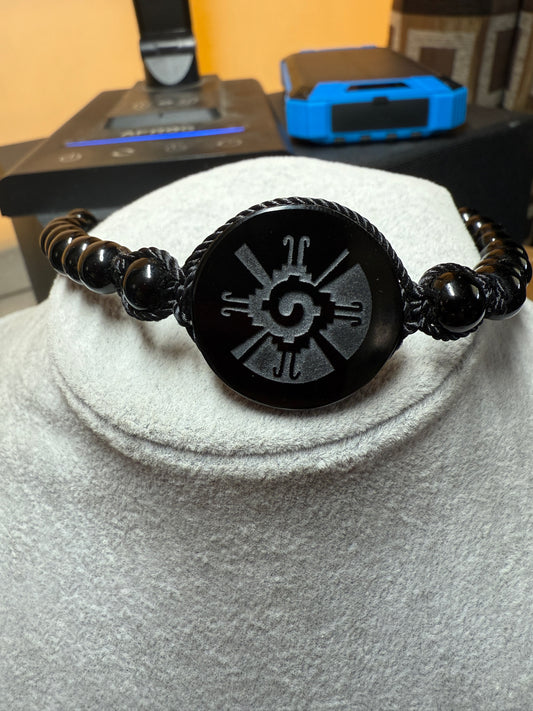 Ometeotl, Hunab Ku, Obsidian Beaded Bracelet, Aztec, Maya Mexican #40