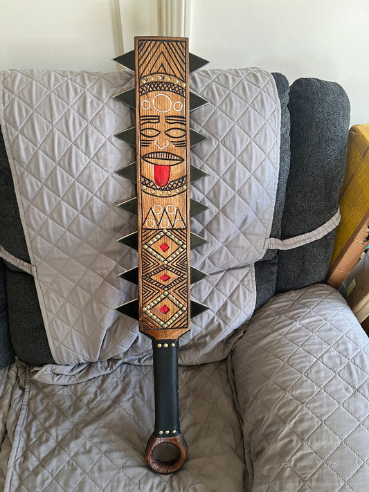 Upgraded Aztec Macuahuitl War Club Sword, Tonatiuh, Sun Face, Wood Body, Metal, Steel Blades, Mexico
