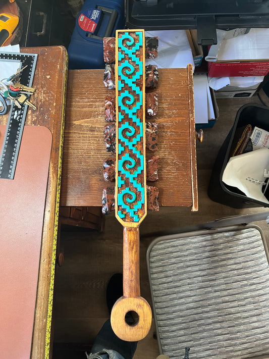 Xicalcoliuhqui Aztec Macuahuitl Greco, Turquoise Paint Steps, Wood and Obsidian, Hanging Art, Indigenous, Ancient Club, Sword from Mexico