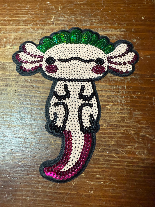 Baby Axolotl Aztec Lizard Patch, iron on, 8", Mexica, Mexican, Embroidery Sequins (#31)