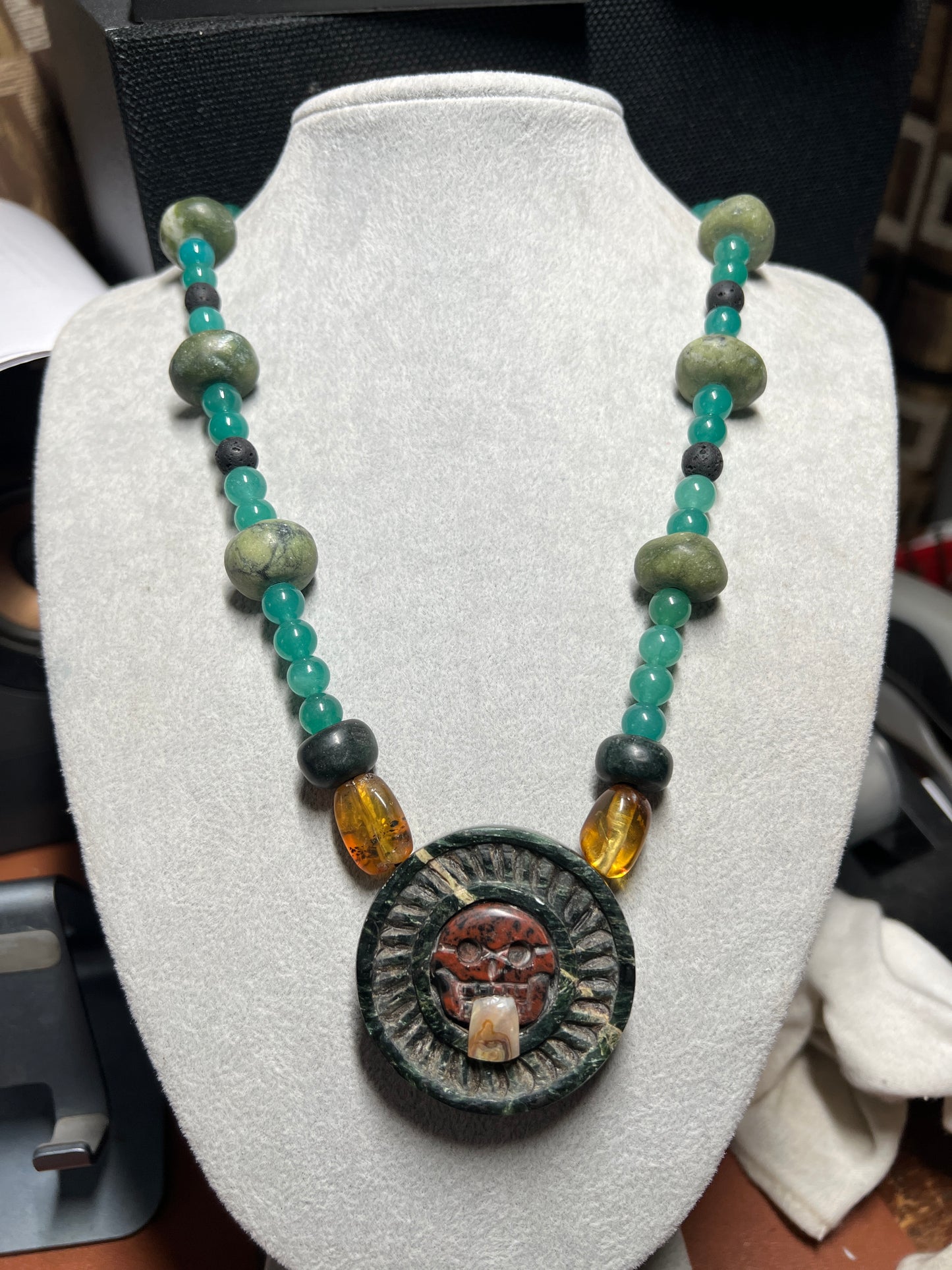 Serpentine Jade Piedra De Muerte Pendant Beaded Necklace, The Stone of Death, Mictlantecuhtli, Handmade, Mexico (#35)