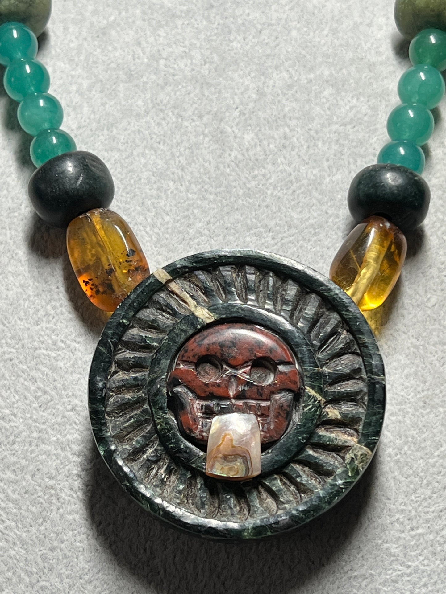 Serpentine Jade Piedra De Muerte Pendant Beaded Necklace, The Stone of Death, Mictlantecuhtli, Handmade, Mexico (#35)