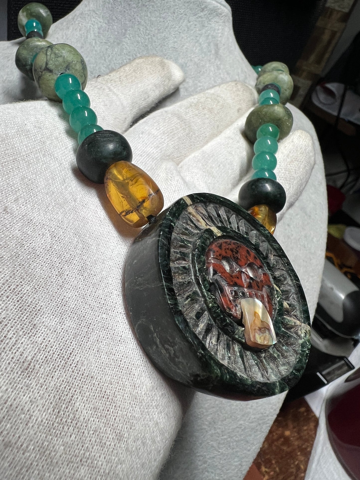 Serpentine Jade Piedra De Muerte Pendant Beaded Necklace, The Stone of Death, Mictlantecuhtli, Handmade, Mexico (#35)