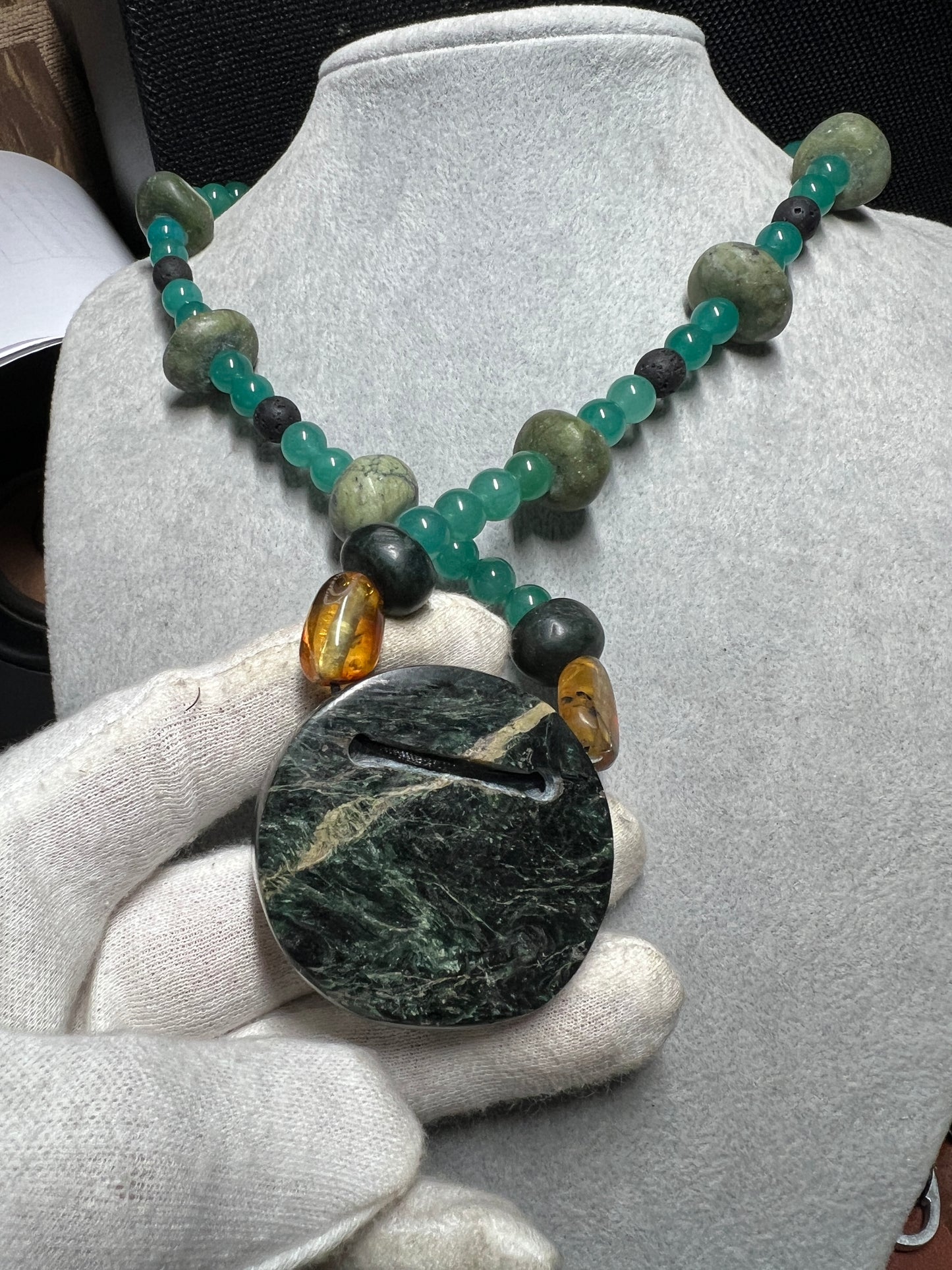 Serpentine Jade Piedra De Muerte Pendant Beaded Necklace, The Stone of Death, Mictlantecuhtli, Handmade, Mexico (#35)