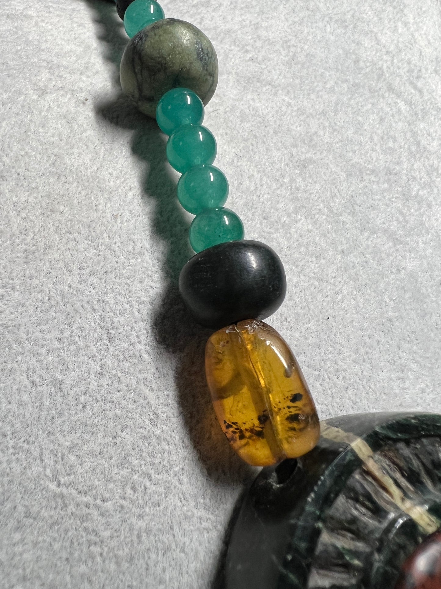 Serpentine Jade Piedra De Muerte Pendant Beaded Necklace, The Stone of Death, Mictlantecuhtli, Handmade, Mexico (#35)