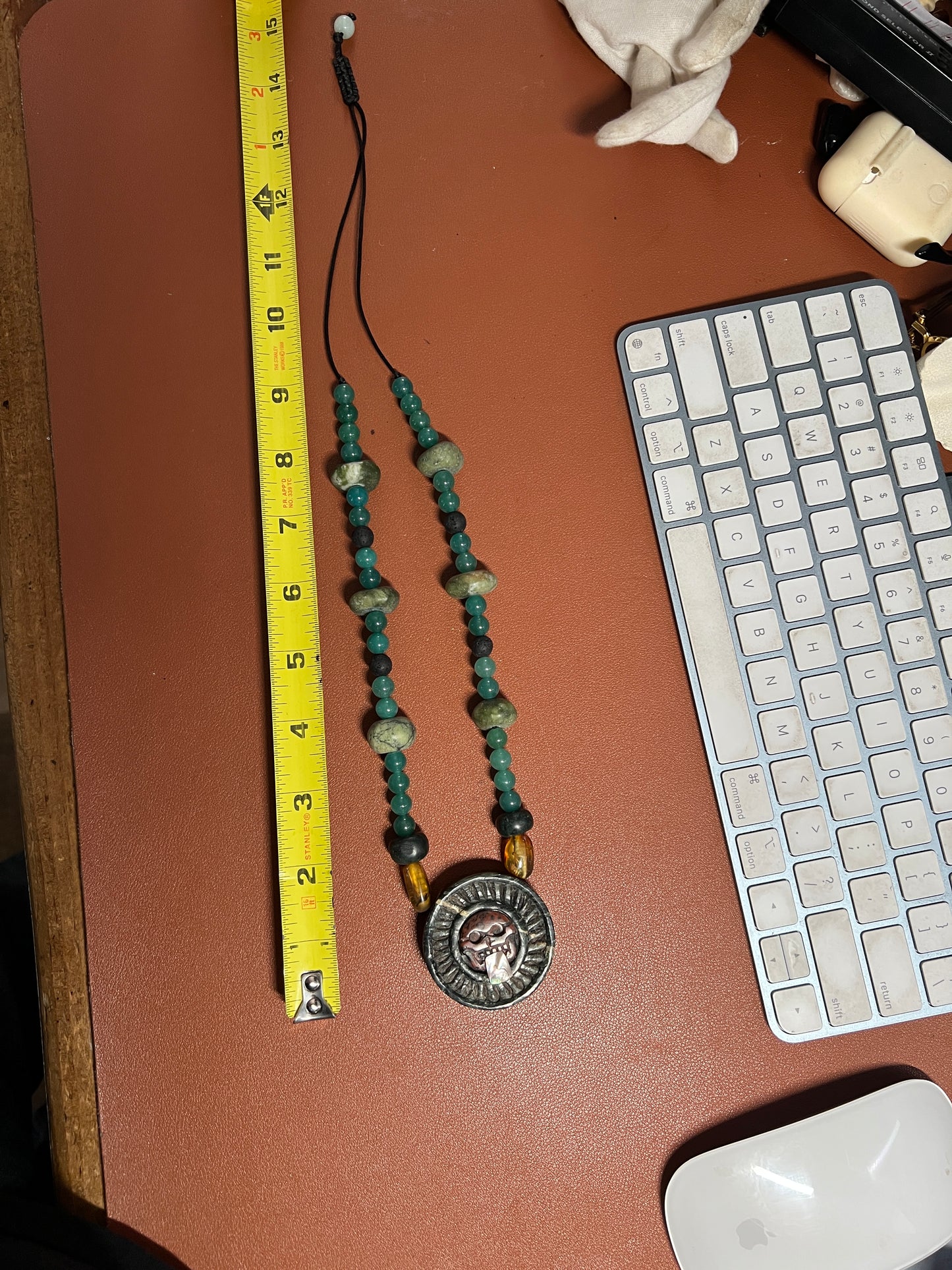 Serpentine Jade Piedra De Muerte Pendant Beaded Necklace, The Stone of Death, Mictlantecuhtli, Handmade, Mexico (#35)