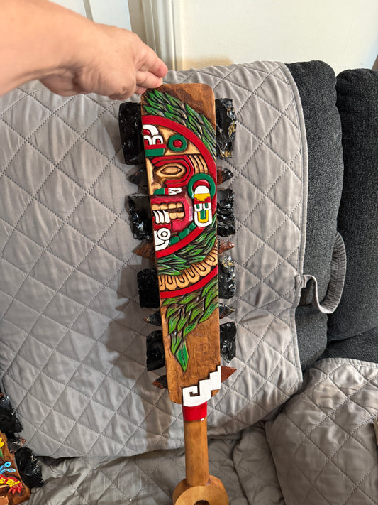 Macuahuitl Azteca Wall Art, feature Tonatiuh Aztec Sun God, Carved, Obsidian Blades, 28"