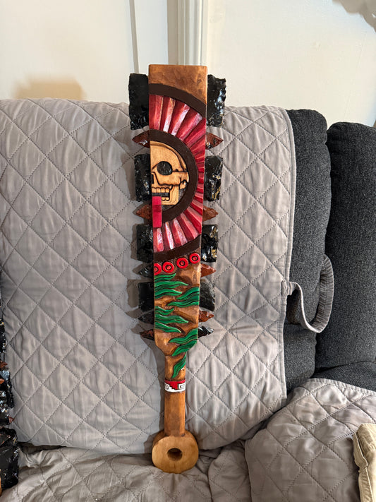 Aztec Macuahuitl, Mictlantecuitli, Skull, Piedra de Muerte, Stone of Death, Wood, Obsidian, Hand Carved, 28", Wall Art, Replica Ancient Mexica