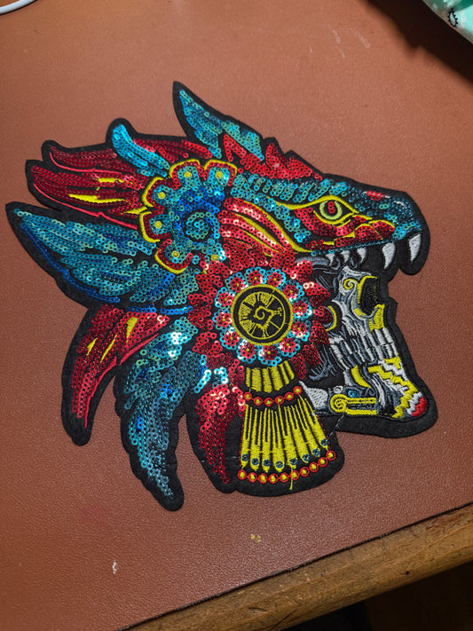 Aztec or Mayan Dead Serpent Warrior Patch, 9" x 8.5", patches, Sequins, embroidered (#27)