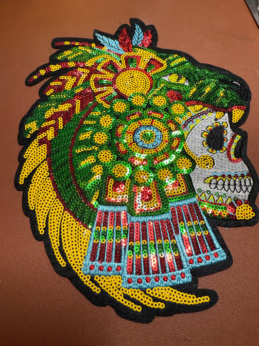 Aztec or Mayan Dead Jaguar Warrior Patch, 9.5" x 7.5", patches, Sequins, embroidered (#31)