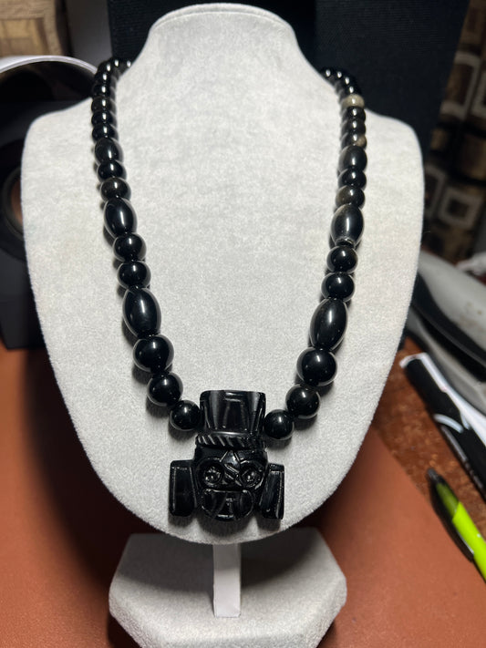 Obsidian Tlaloc Pendant and Gold Sheen Obsidian Beaded Necklace, Aztec, Mexico (#36)