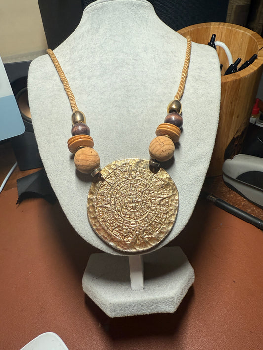 Gold Plated Aztec Calendar Pendant Medallion Necklace, Vintage, Handmade (H)