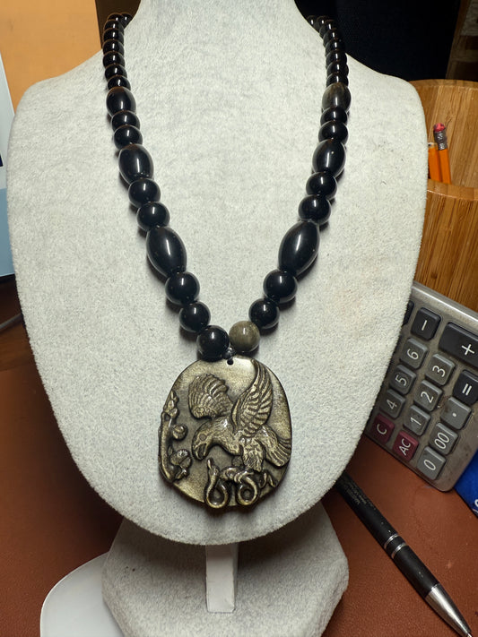 Gold Obsidian Mexican Shield Eagle Snake Cactus Foundation Pendant Necklace, Mexico (#39)