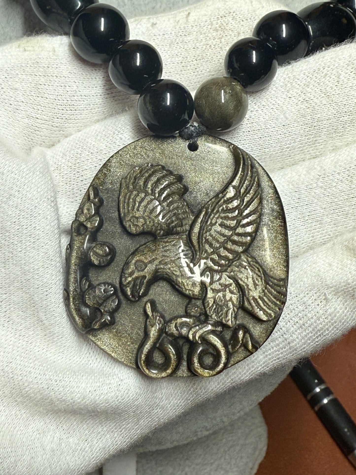 Gold Obsidian Mexican Shield Eagle Snake Cactus Foundation Pendant Necklace, Mexico (#39)