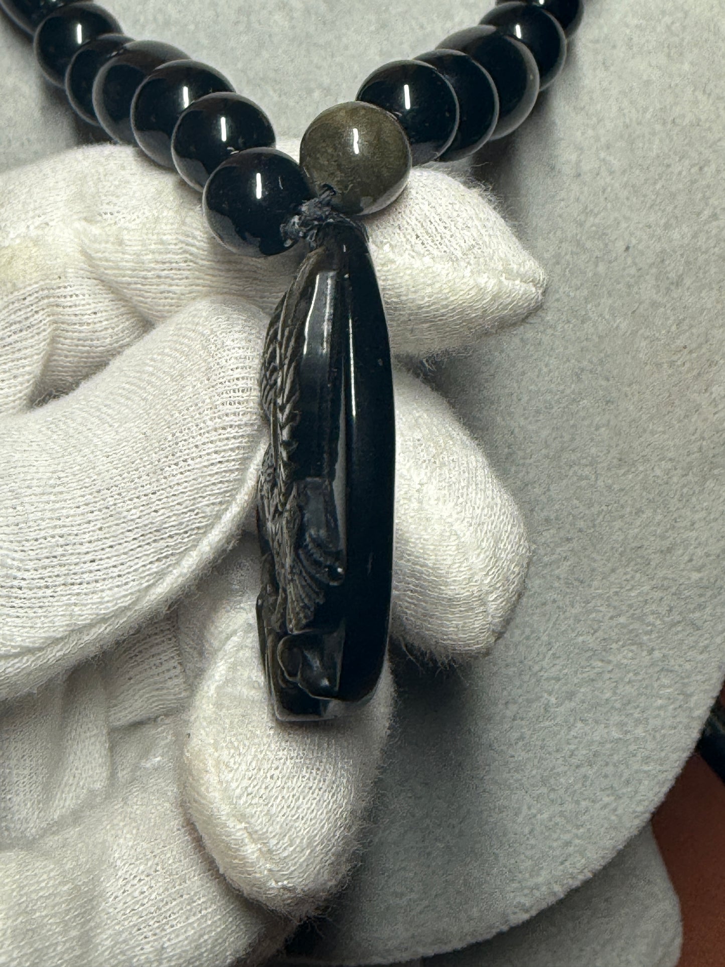 Gold Obsidian Mexican Shield Eagle Snake Cactus Foundation Pendant Necklace, Mexico (#39)