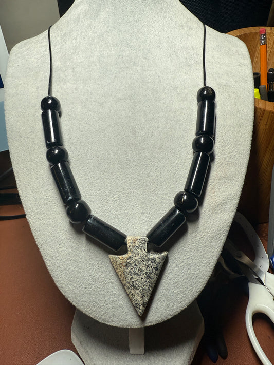 Granite Arrowhead Pendant Obsidian Beaded Necklace, Mexican, Aztec, Mexico #40