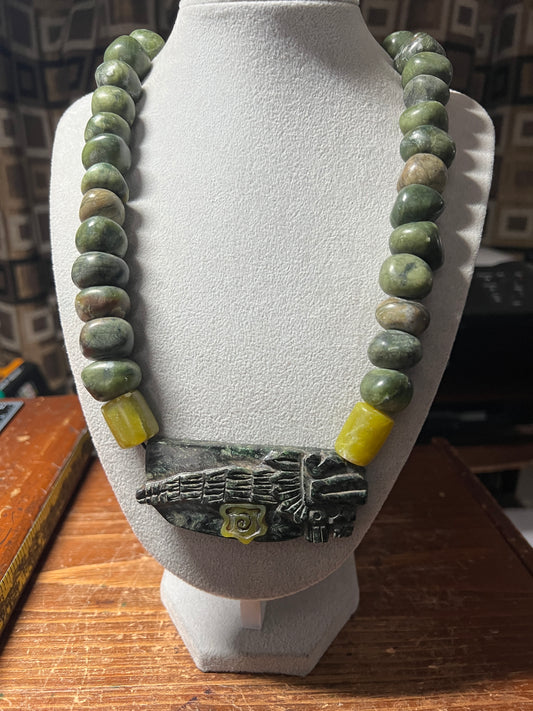 Serpentine Jade Kukulkan Quetzalcoatl Pendant Necklace Aztec Mexican (#38)