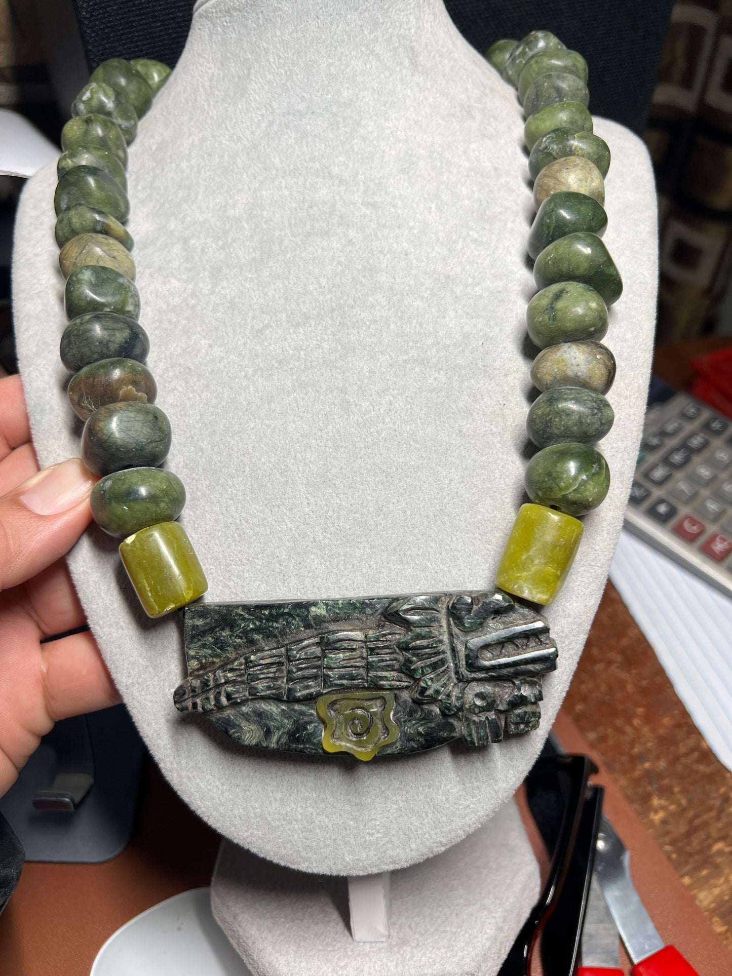 Serpentine Jade Kukulkan Quetzalcoatl Pendant Necklace Aztec Mexican (#38)