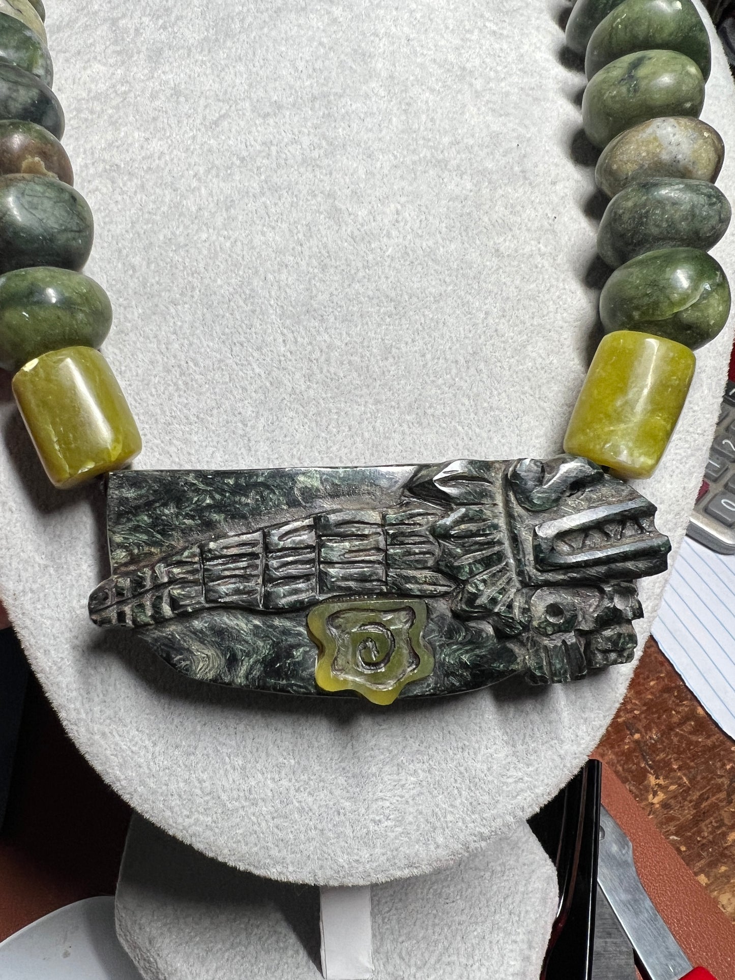 Serpentine Jade Kukulkan Quetzalcoatl Pendant Necklace Aztec Mexican (#38)