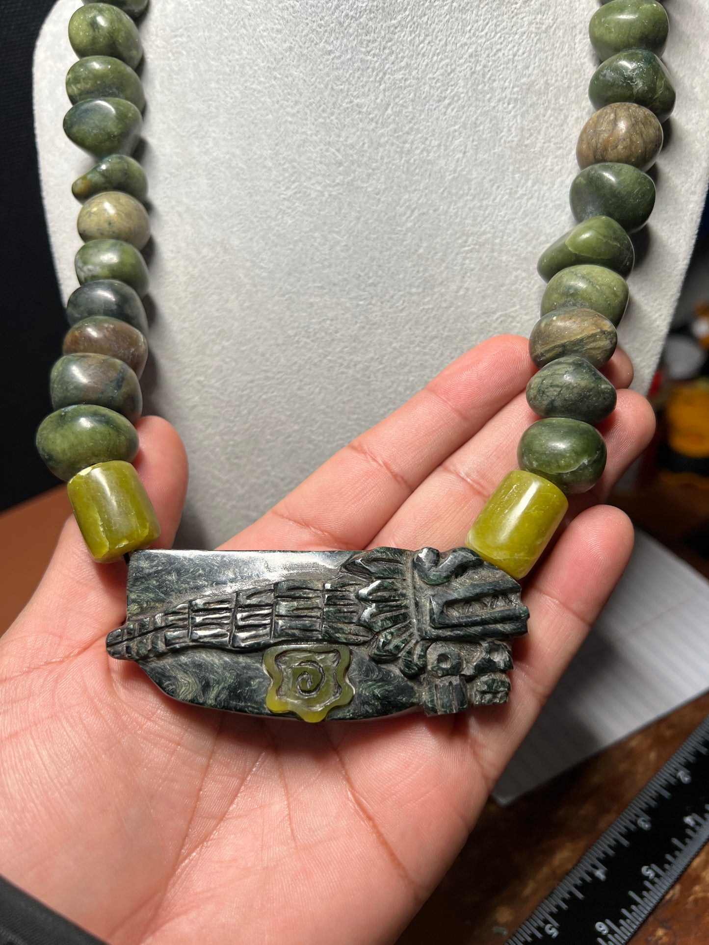 Serpentine Jade Kukulkan Quetzalcoatl Pendant Necklace Aztec Mexican (#38)