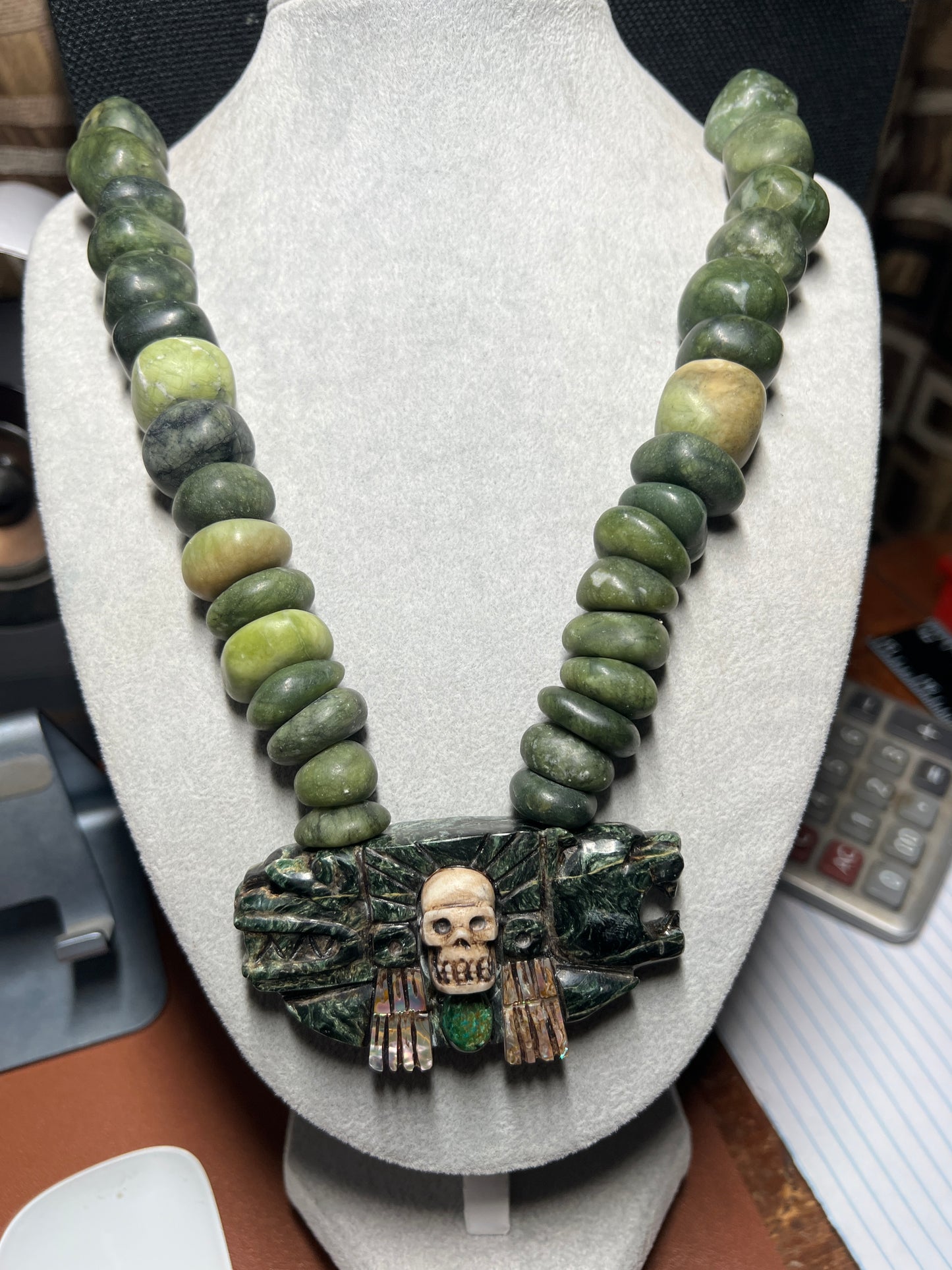 Serpentine Jade Kukulkan Quetzalcoatl Mictlantecuhtli Pendant Necklace (#38)