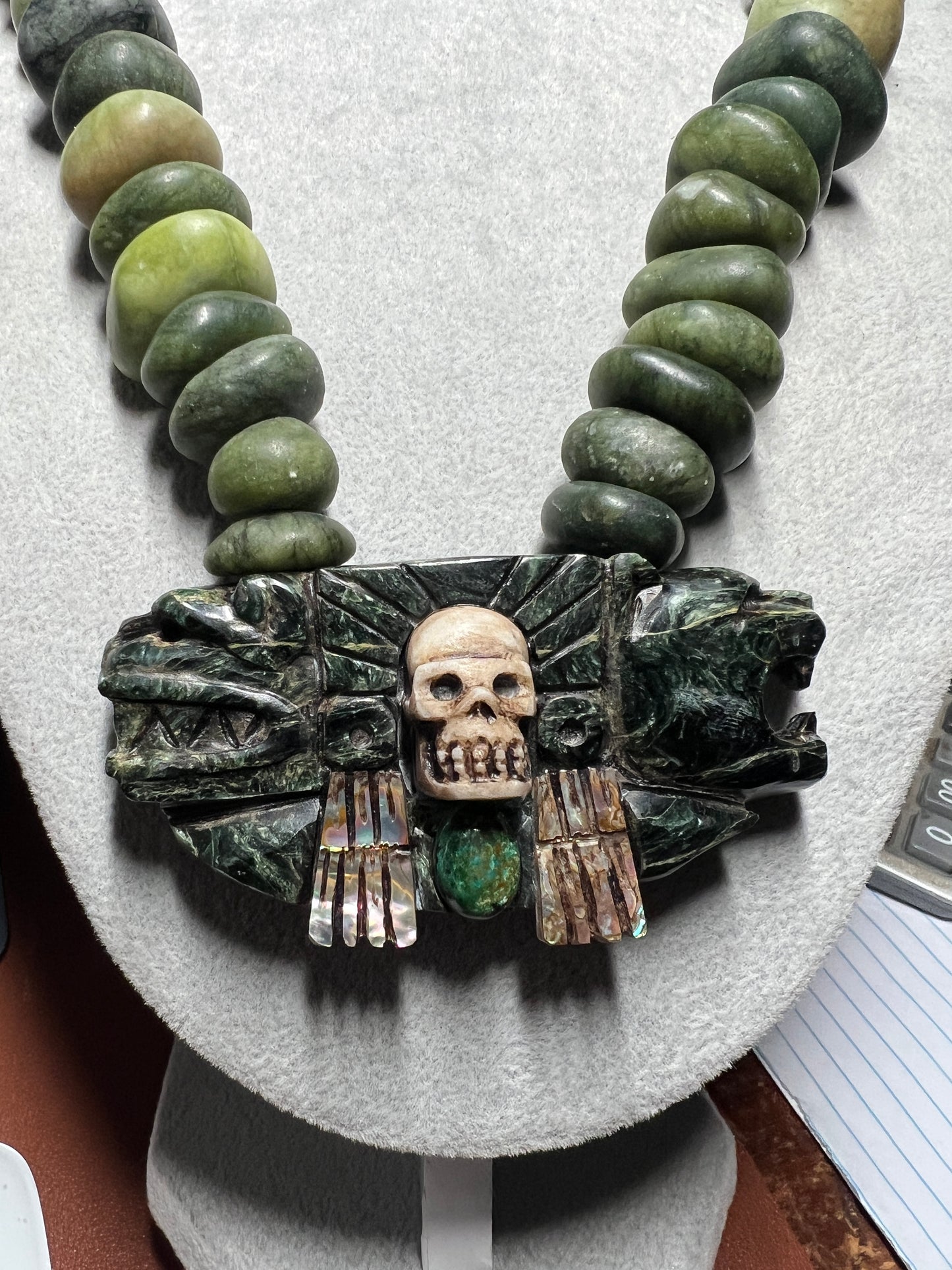 Serpentine Jade Kukulkan Quetzalcoatl Mictlantecuhtli Pendant Necklace (#38)