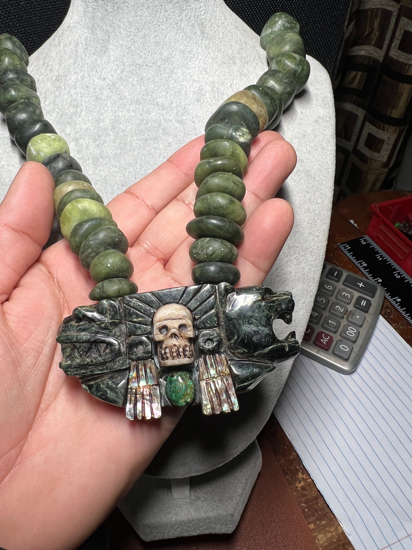 Serpentine Jade Kukulkan Quetzalcoatl Mictlantecuhtli Pendant Necklace (#38)