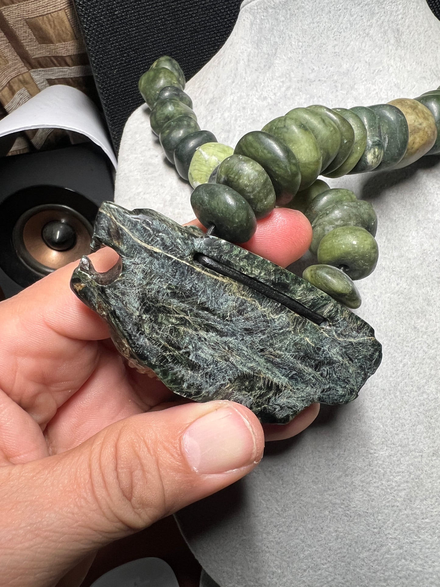 Serpentine Jade Kukulkan Quetzalcoatl Mictlantecuhtli Pendant Necklace (#38)