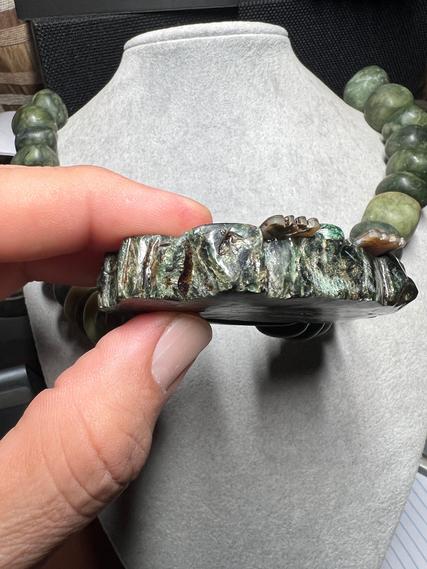 Serpentine Jade Kukulkan Quetzalcoatl Mictlantecuhtli Pendant Necklace (#38)