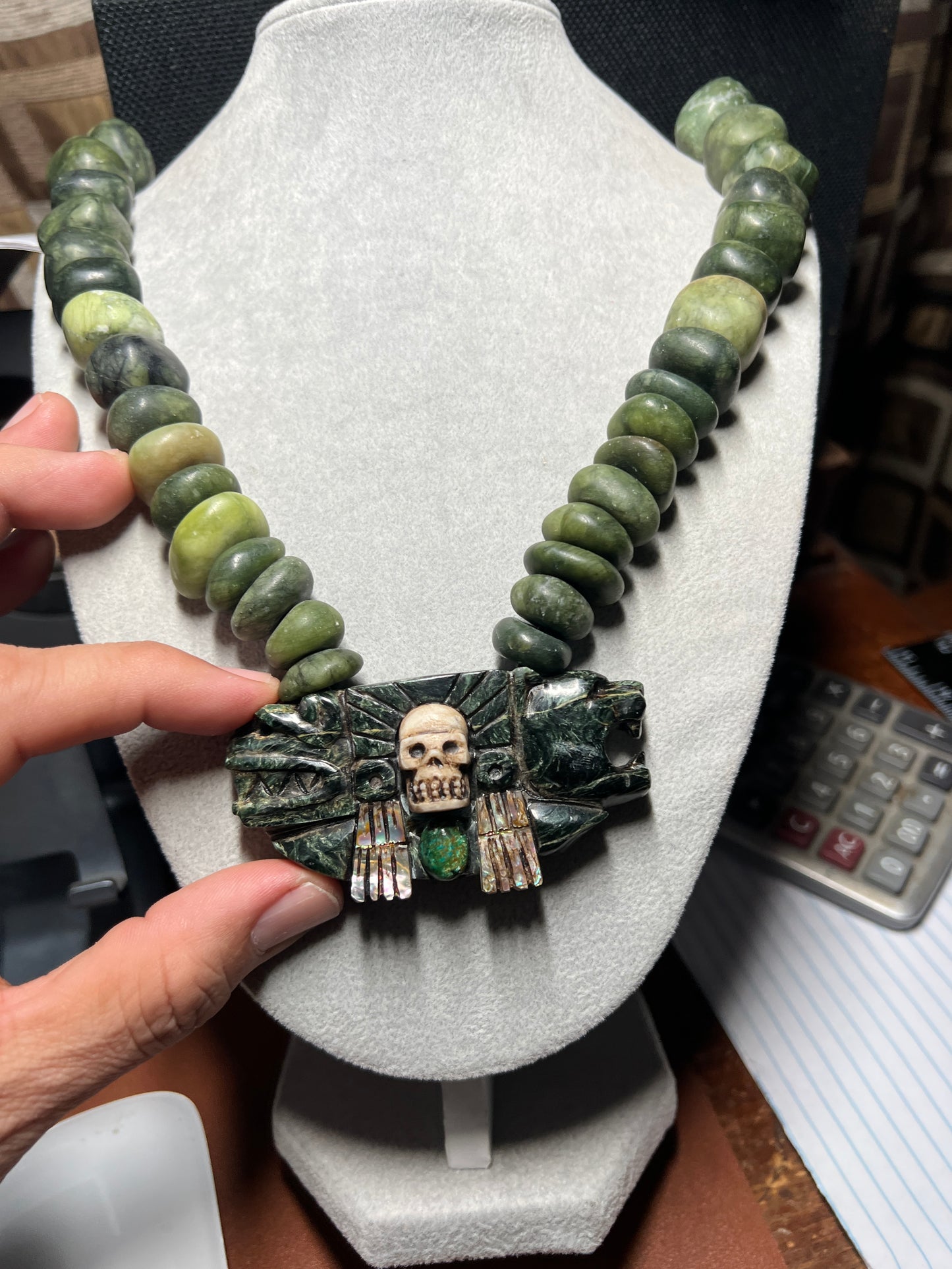 Serpentine Jade Kukulkan Quetzalcoatl Mictlantecuhtli Pendant Necklace (#38)