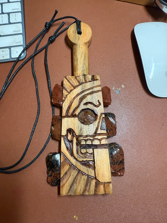 Mini Macuahuitl Azteca Necklace, Piedra de Muerte, Stone of Death, Mictlantecuhtli, Carved, Mahogany Obsidian Blades, Hangable Art handmade 8.25"