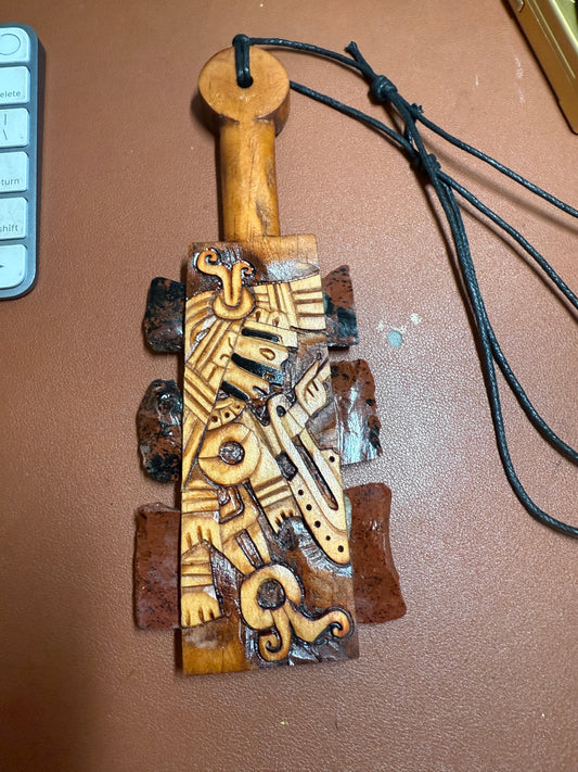 Mini Macuahuitl Azteca Necklace, feature Tezcatlipoca, the Smoking Mirror, Aztec God, Carved, Mahogany obsidian, Blades, Hangable Art