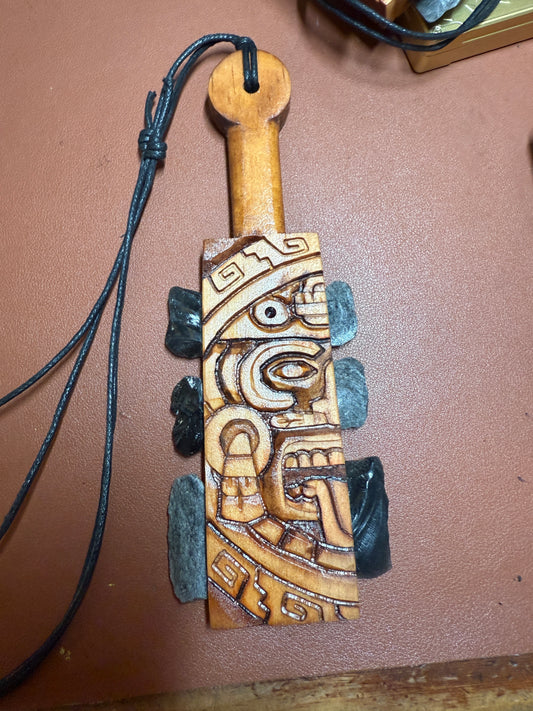 Mini Macuahuitl Azteca Necklace, Tonatiuh Sun God, Carved, Silver & Black Obsidian, Mexico 8.25"