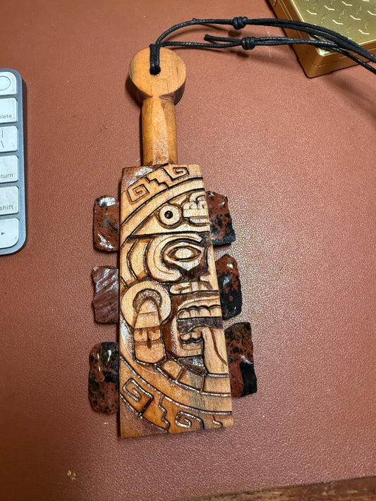 Mini Macuahuitl Azteca Necklace, Tonatiuh Sun God, Carved,  Mahogany Obsidian, Mexico 8.25"