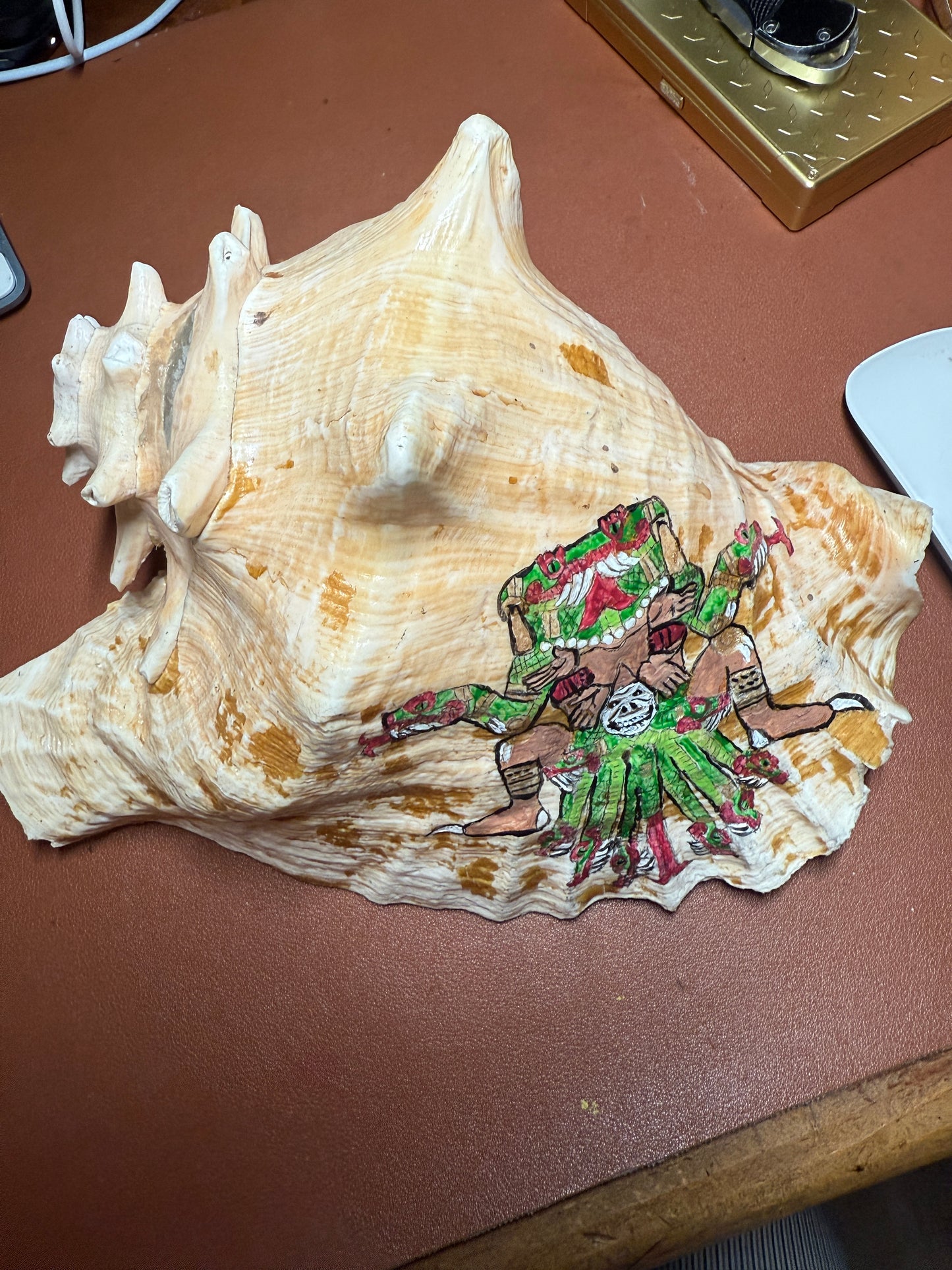 Large Aztec Coatlicue Conch Shell Horn - Seashell Trumpet, 9.5" Hand painted