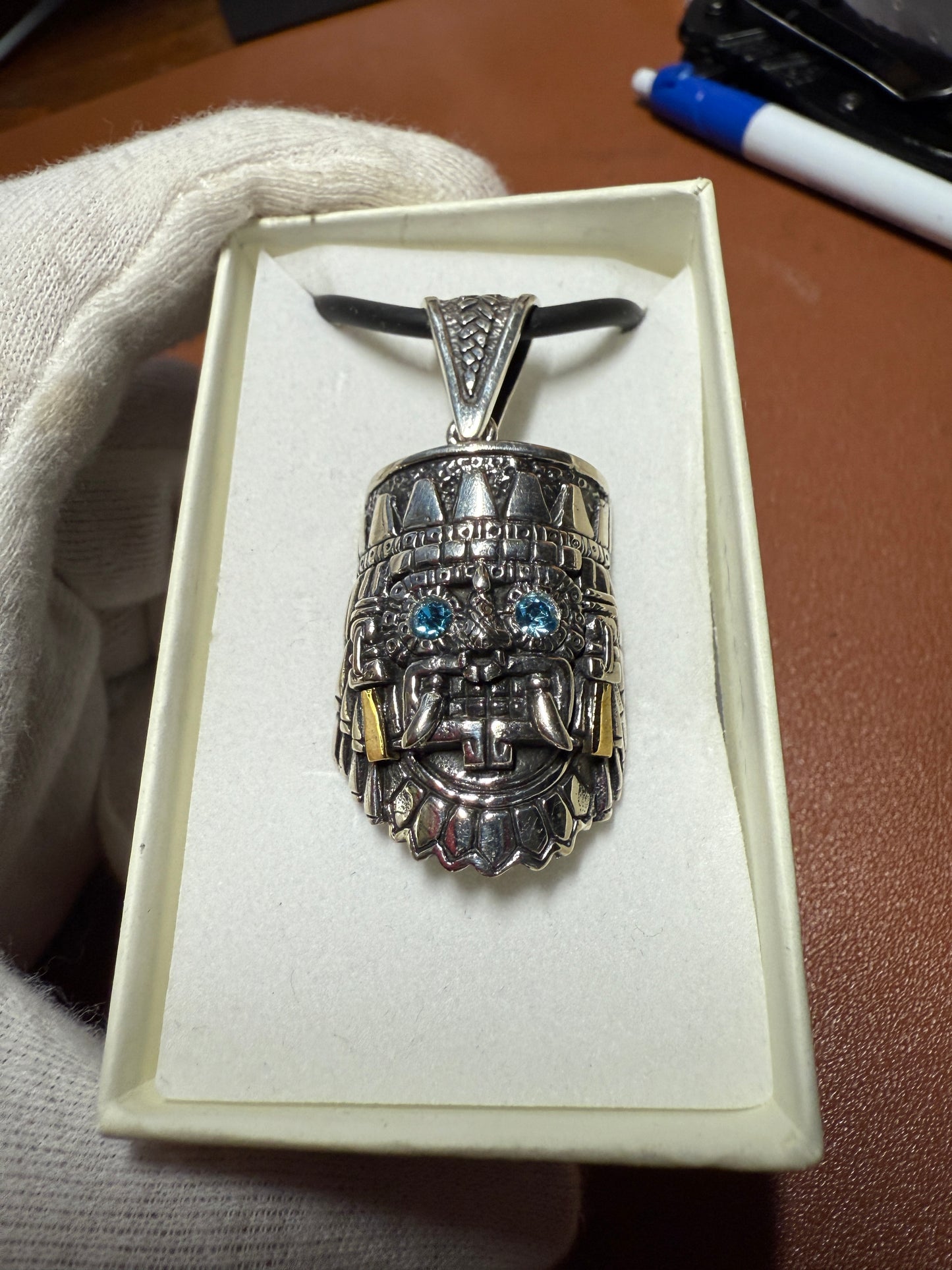 New Tlaloc pendant Sterling Silver, Aztec Rain God, Blue Zirconia Eyes, Mexico, #4