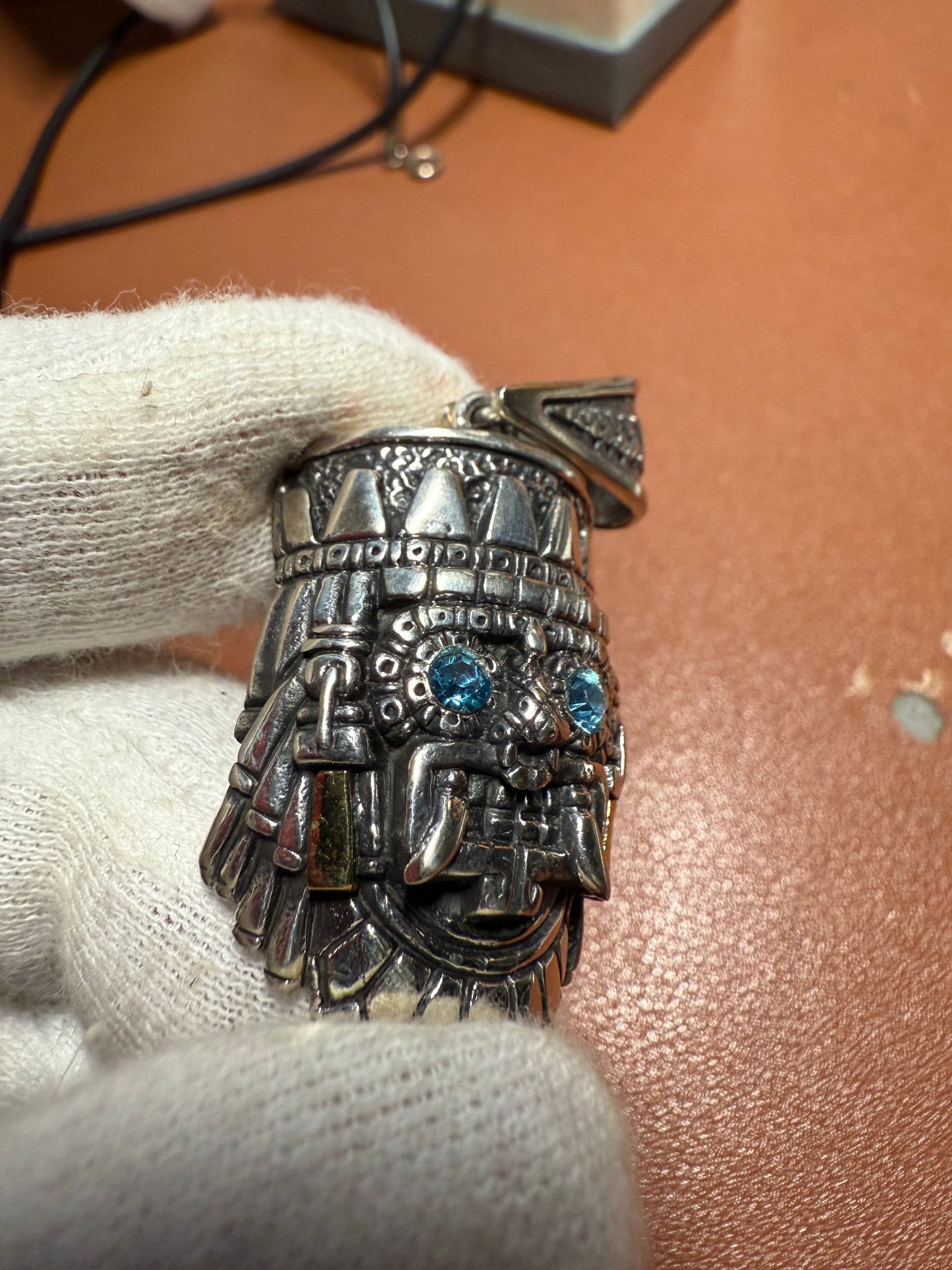 New Tlaloc pendant Sterling Silver, Aztec Rain God, Blue Zirconia Eyes, Mexico, #4