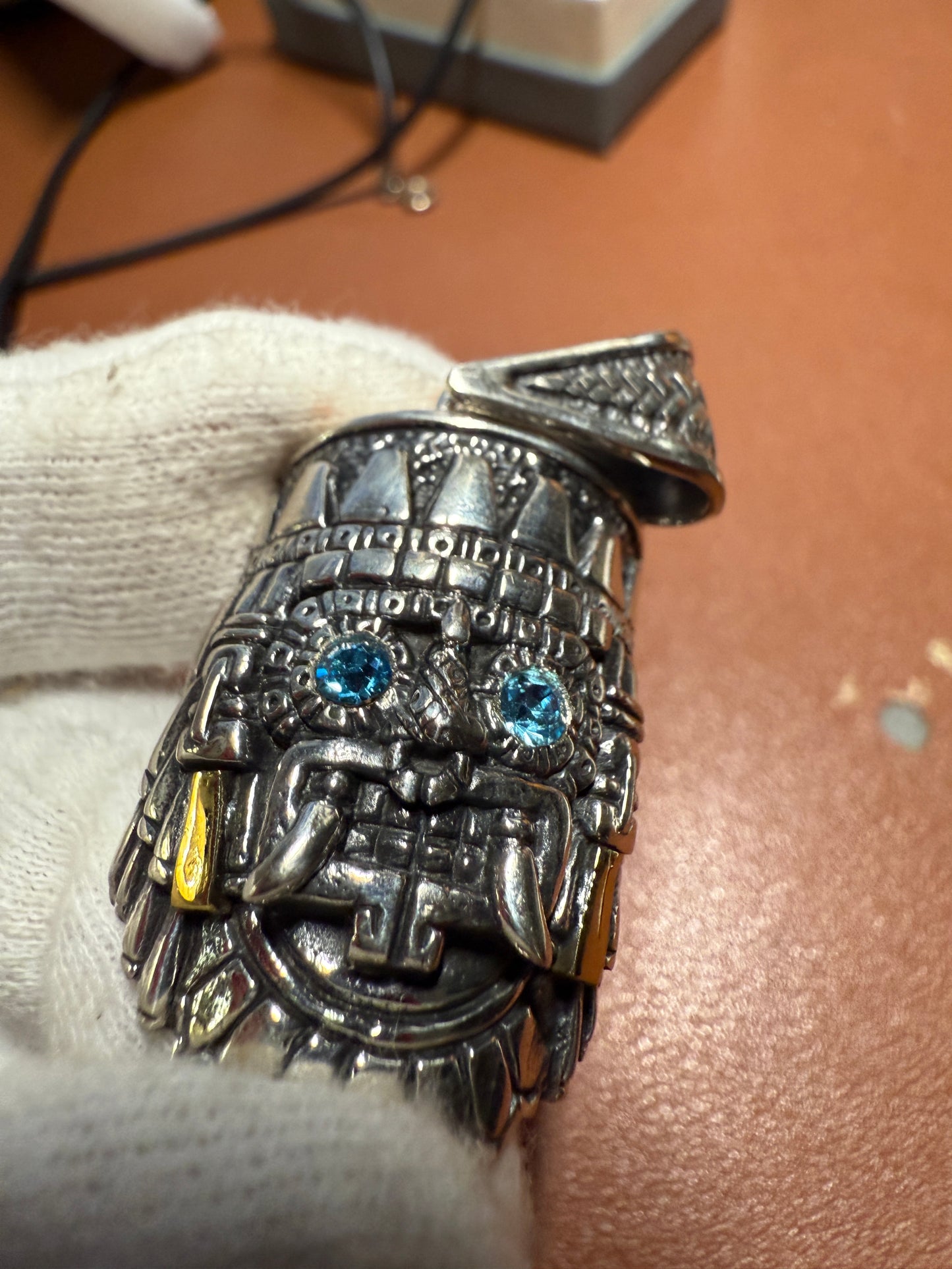 New Tlaloc pendant Sterling Silver, Aztec Rain God, Blue Zirconia Eyes, Mexico, #4