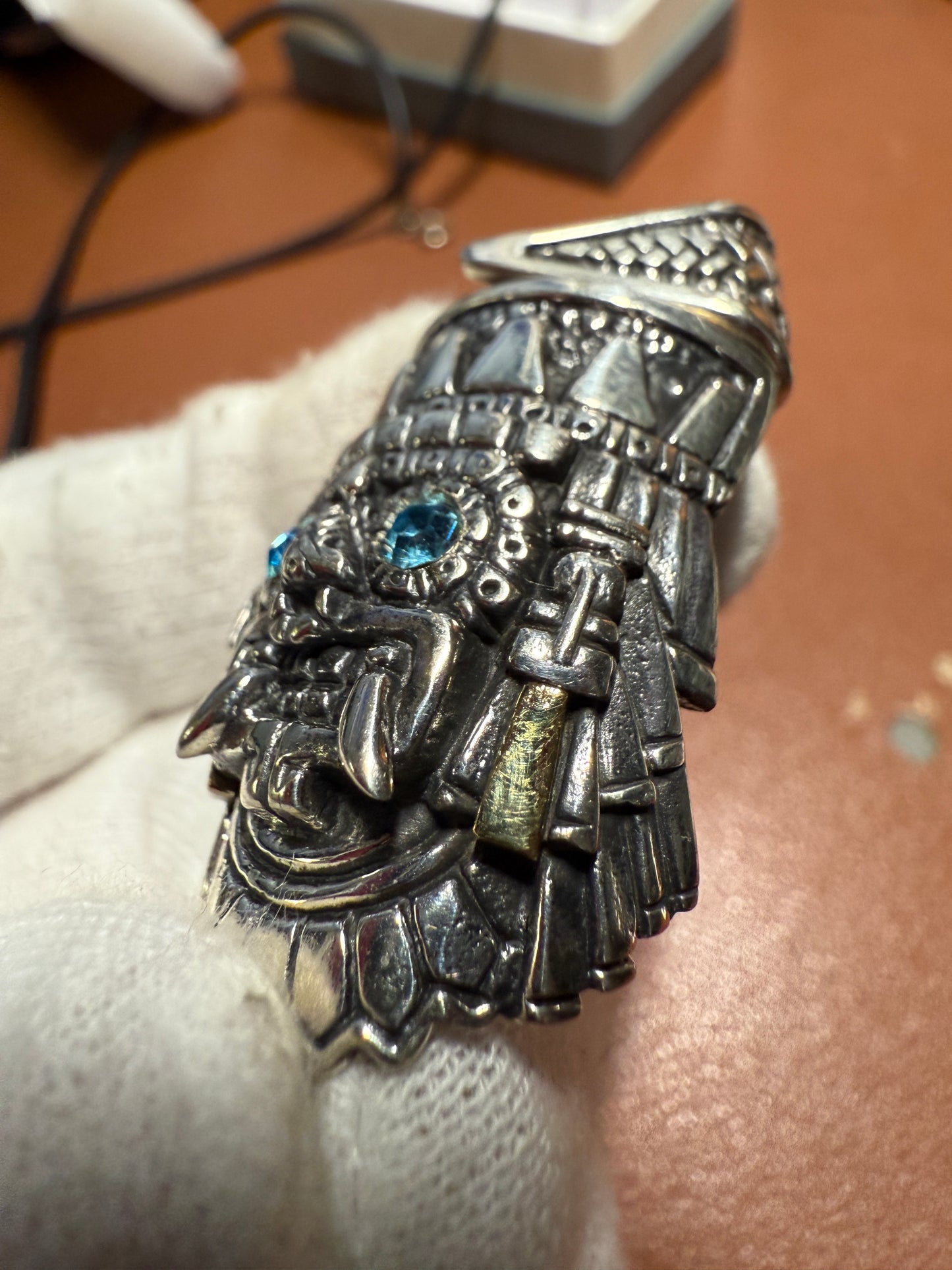 New Tlaloc pendant Sterling Silver, Aztec Rain God, Blue Zirconia Eyes, Mexico, #4