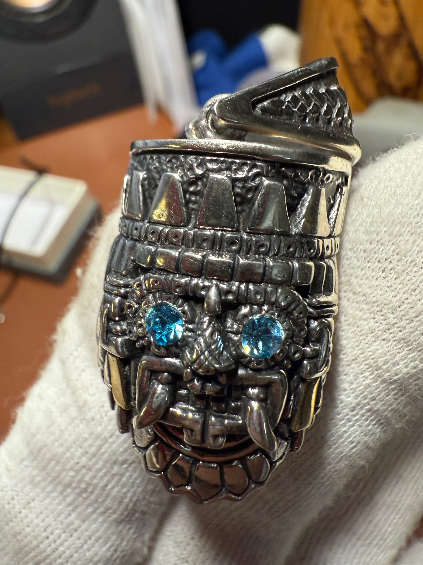 New Tlaloc pendant Sterling Silver, Aztec Rain God, Blue Zirconia Eyes, Mexico, #4