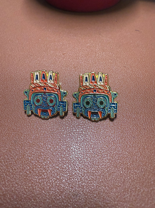 Aztec Tlaloc Earrings Rain God Ancient Mexico, gold tone alloy, post back #4