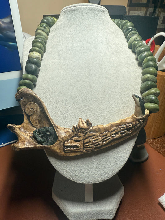 Bone Quetzalcoatl Dragon, Deer Mandible Carved Bone, Serpentine Skull, Marble Beaded Necklace (H)