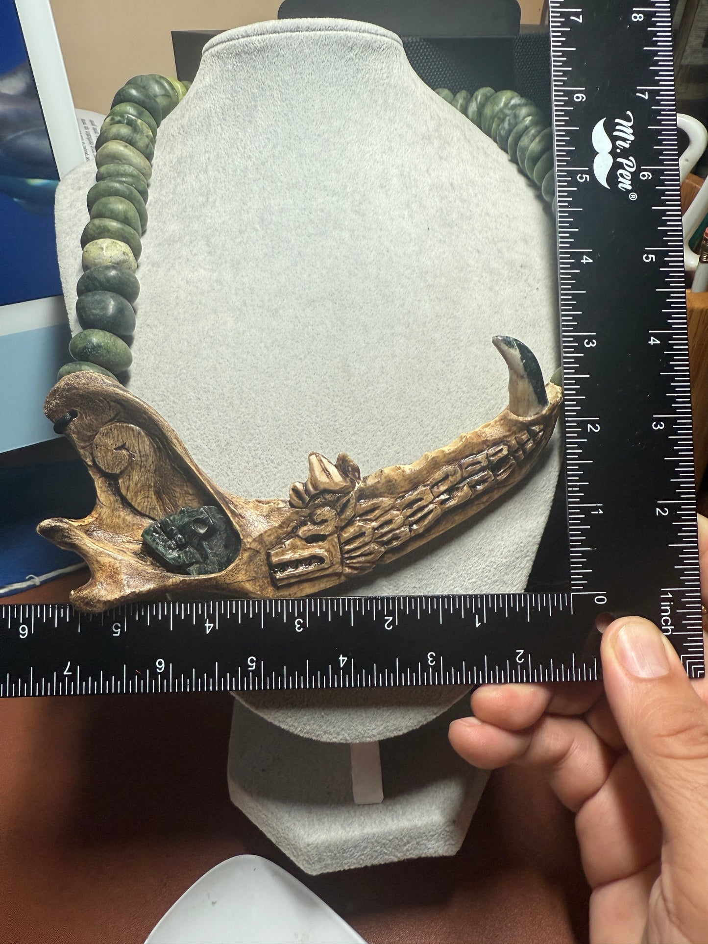 Bone Quetzalcoatl Dragon, Deer Mandible Carved Bone, Serpentine Skull, Marble Beaded Necklace (H)
