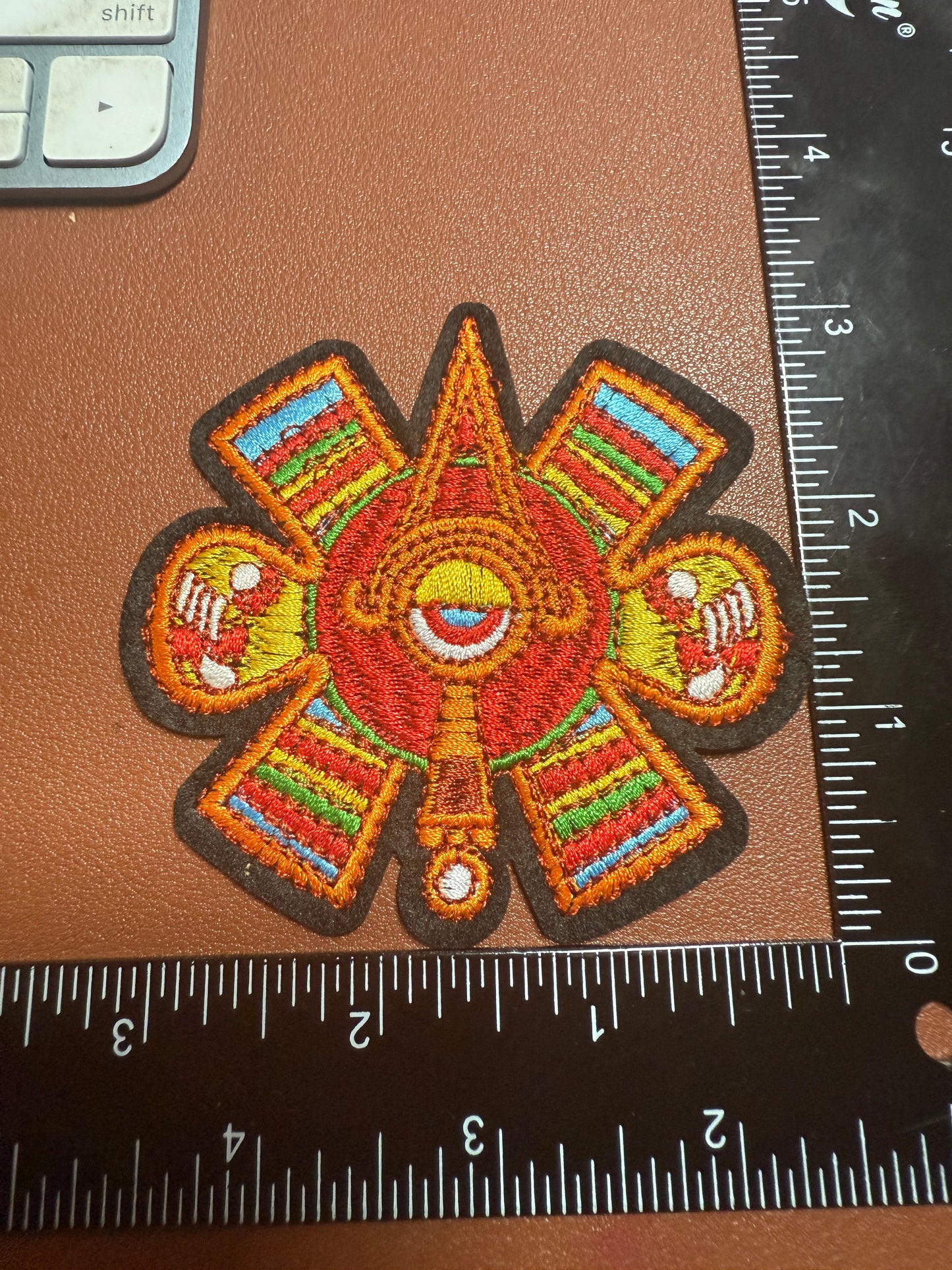 Ollin Nauhi Patch, 3" Iron On Embroidered, Red, Movement, Aztec Calendar Day Sign, Xolotl, Venus, Shape Shifter, Evening Star, Seeing Eye (#23b)