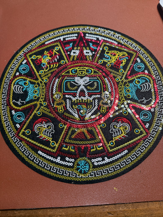 Large Back Patch color Aztec Calendar Tonatiuh Sun God, 9", Sequins, Mexico #28