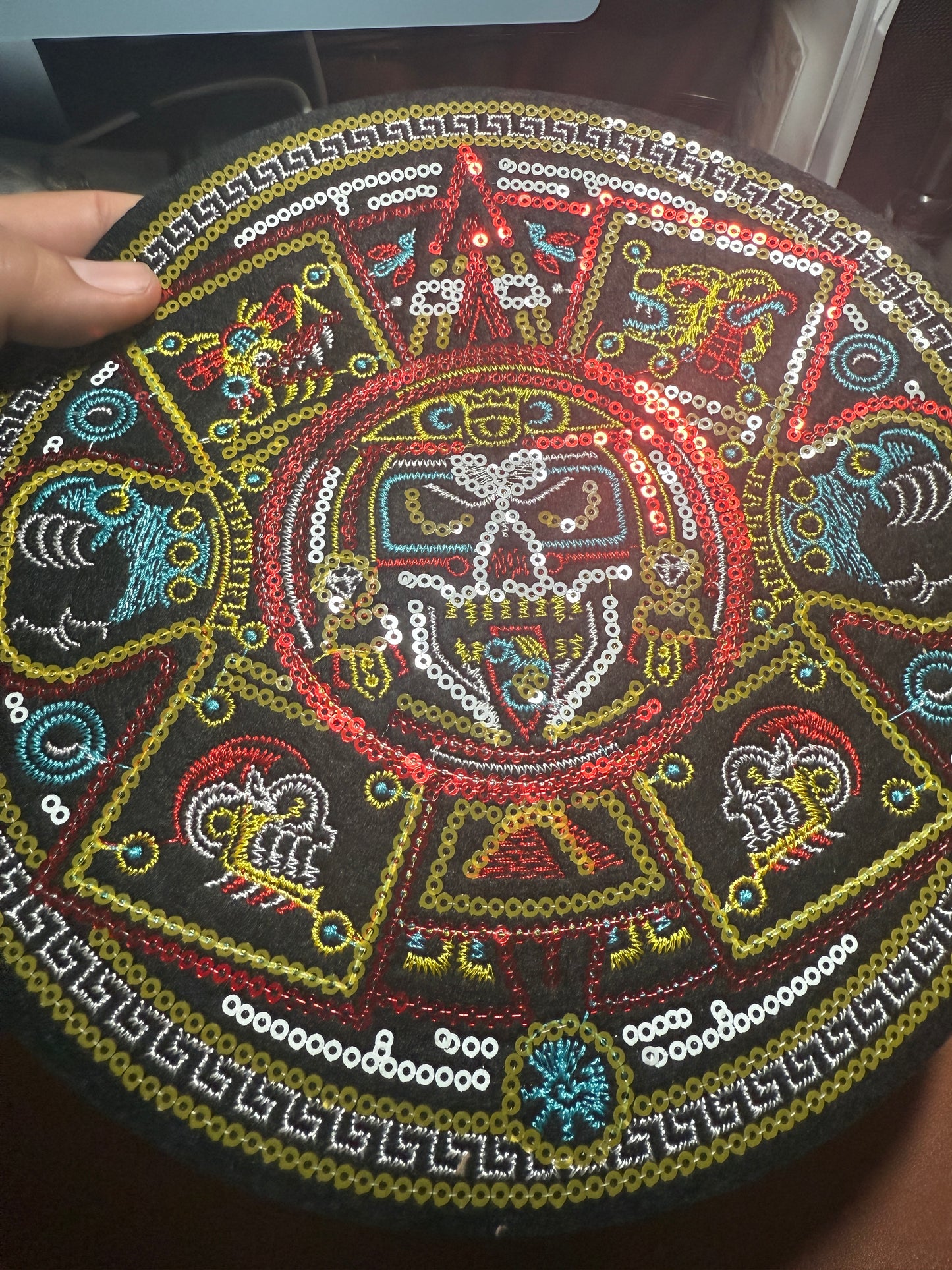 Large Back Patch color Aztec Calendar Tonatiuh Sun God, 9", Sequins, Mexico #28
