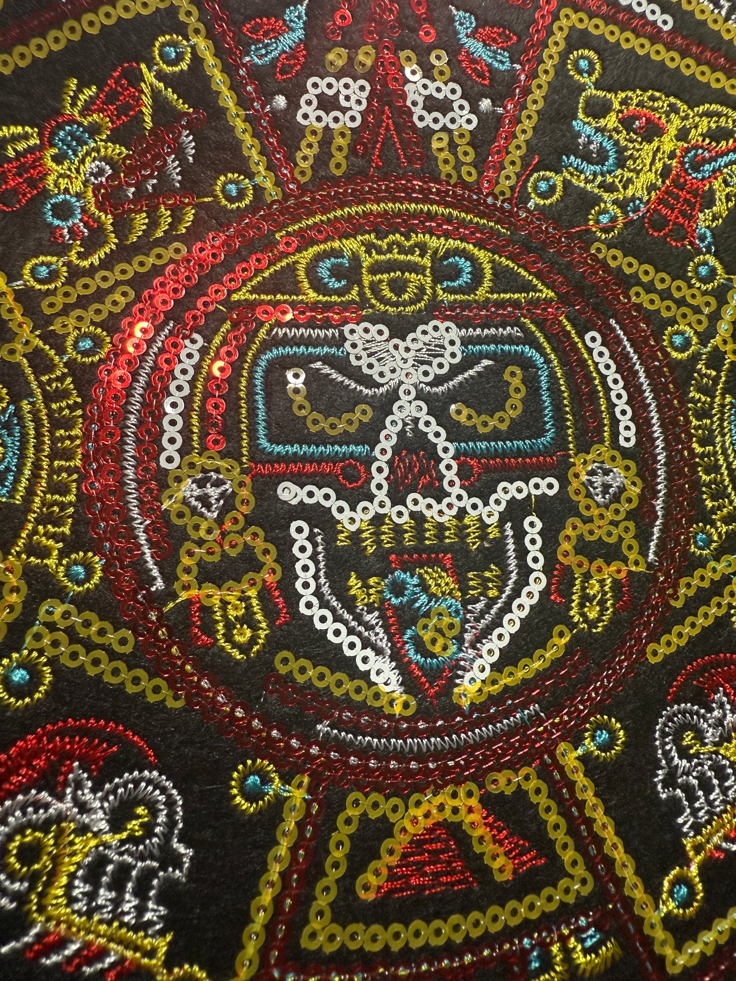 Large Back Patch color Aztec Calendar Tonatiuh Sun God, 9", Sequins, Mexico #28